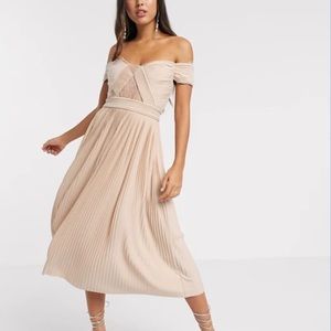 ASOS PLEATED OFF SHOULDER BURGUNDY MIDI DRESS